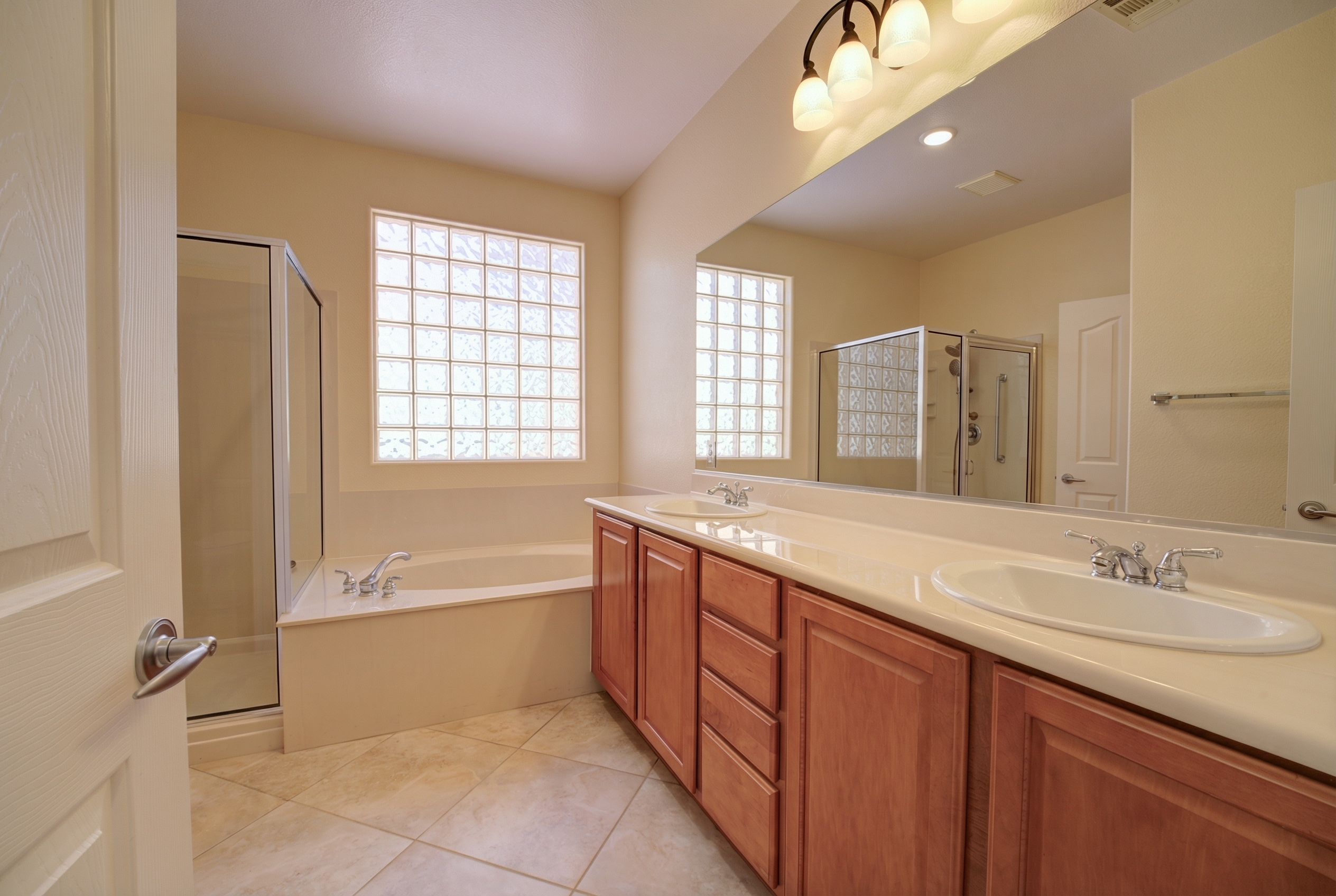 Primary bath with soaking tub and double vanity